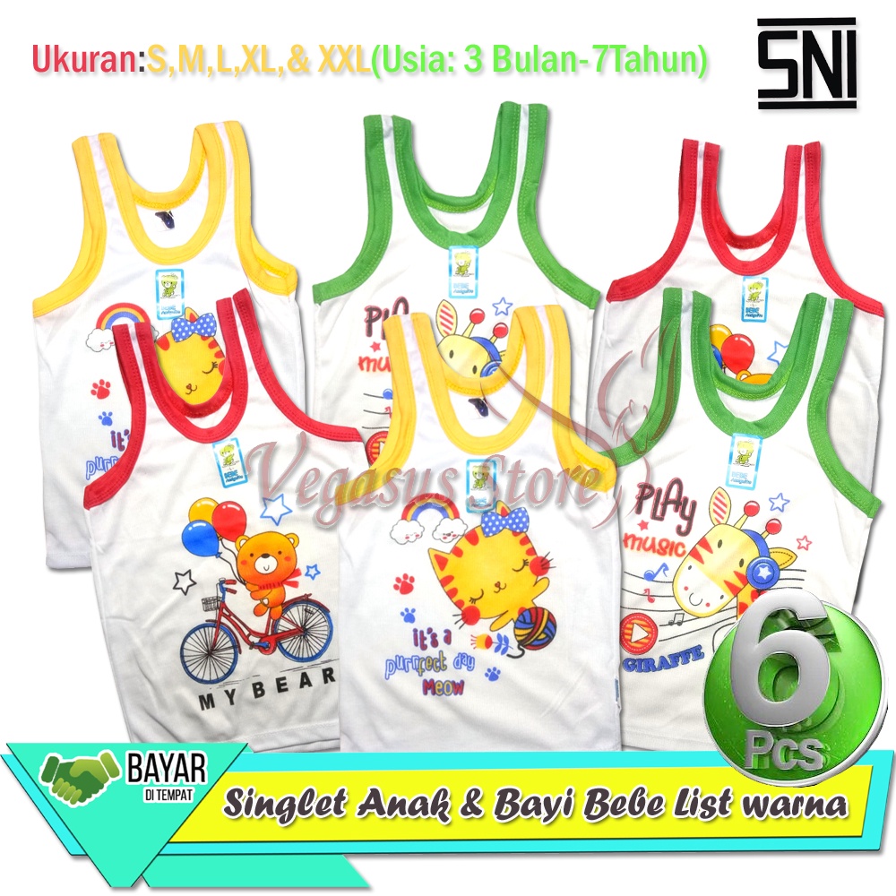 6 Pcs [Lebih Murah] Singlet Kutung BEBE PUTIH - Kaos Dalam Anak Motif Bebe SNI dari 3 Bulan s/d 7 Tahun-Vegasus Store(COD)