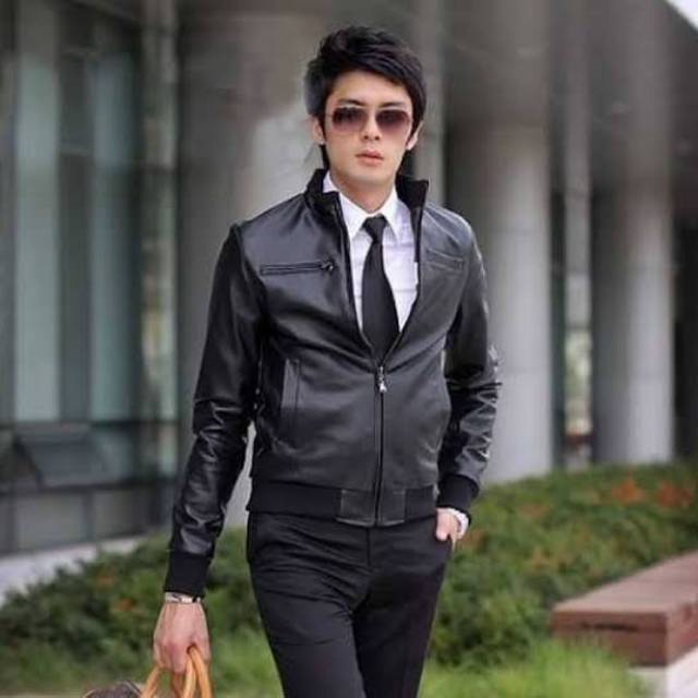 JAKET KULIT RIB CASUAL ARTIS KOREA POLOS HITAM