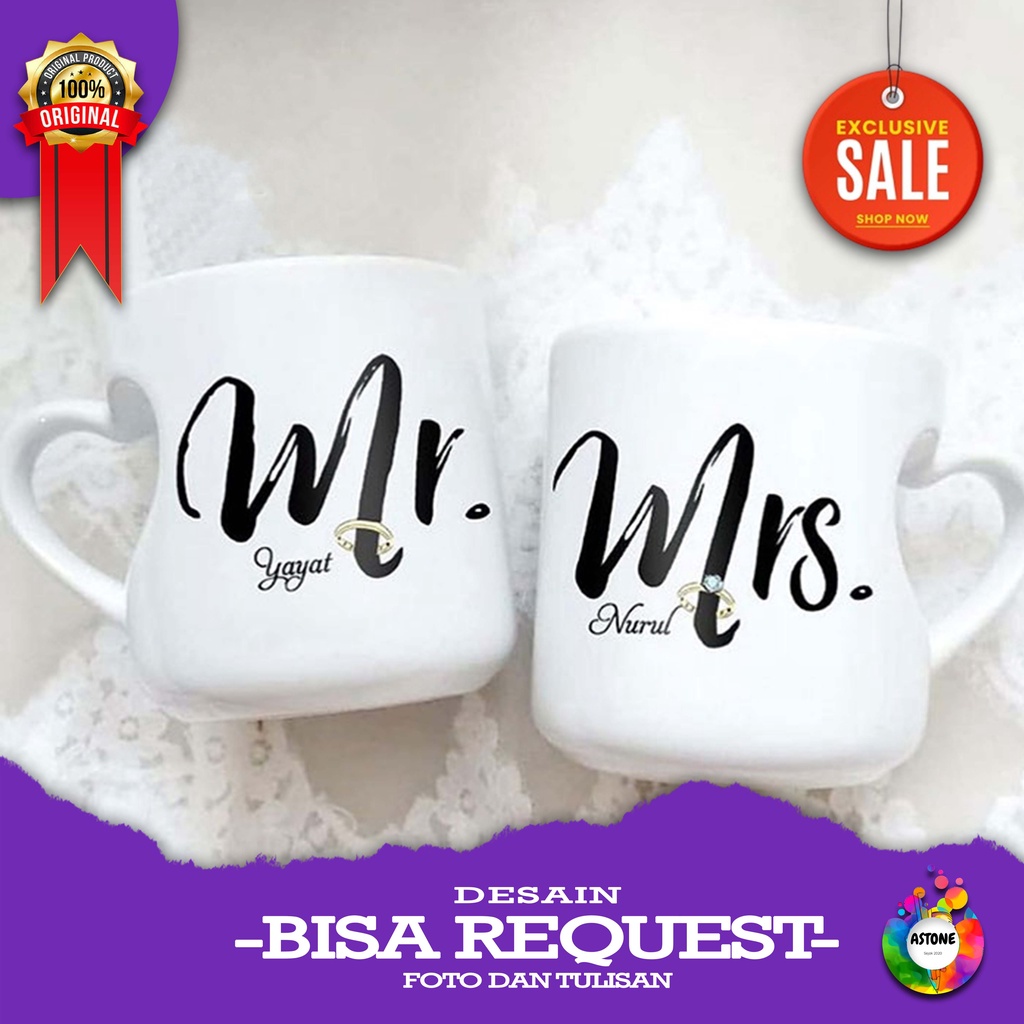 ASTONE | MUG LOVE Mr. & Mrs  Custom nama  | Hadiah Ulang Tahun Bebas Custom Foto dan Tulisan Mug
