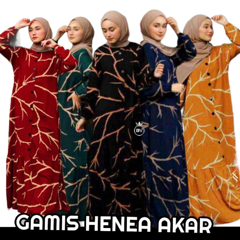 Dress Wanita Gamis Jumbo Henea Akar - Gamis Terbaru Rayon Premium Lengan Panjang  Maxidress Remaja Kekinian LD 125 cm