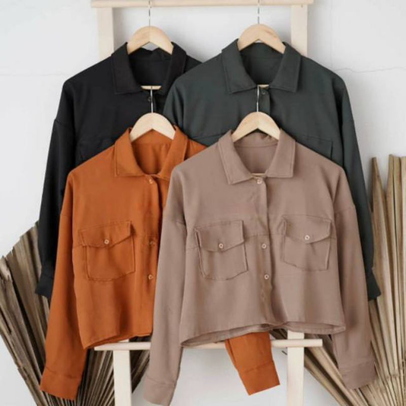 ✅QF Kemeja Katun GOLDY Crop Top Wanita Baju Kemeja Wanita Kemeja Polos Wanita Lengan Panjang Kemeja 