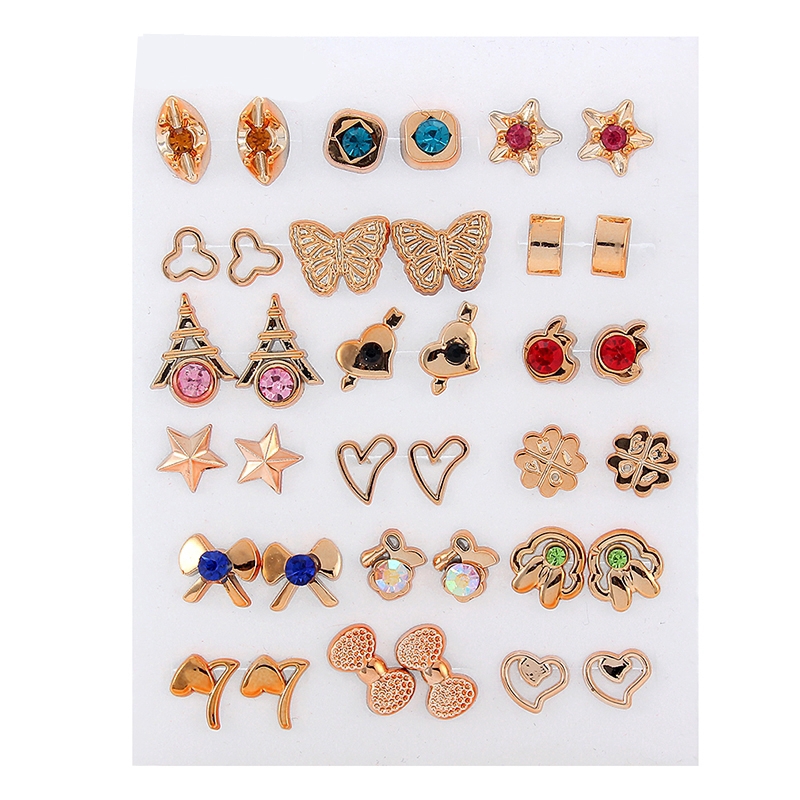36Pairs Gold Silver Flower Stud Earring,Crystal Bear Heart Earrings, Mixed Styles Stud Earrings