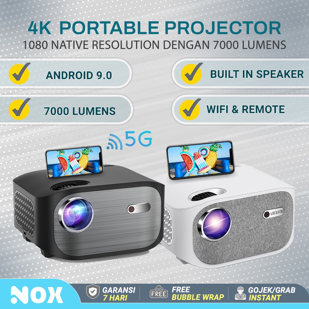 Veemi 4K PROJECTOR ANDROID 9.0 Portable mini Projector proyektor kantor presentasi 1080p 7000 Lumens