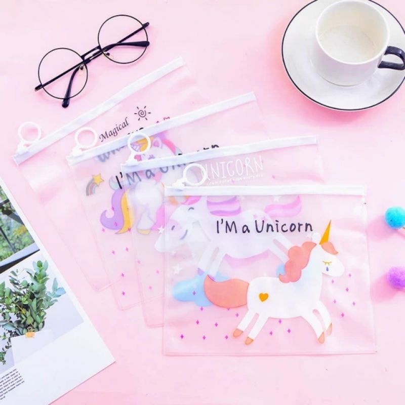 

pouch Zipper transparan unicorn, tempat pensil unicorn