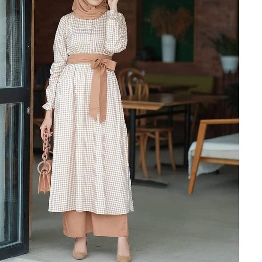 Stelan Muslim Wanita / One Set Long Tunik+Celana Kekinian / Outfit Muslim Murah / Square Set