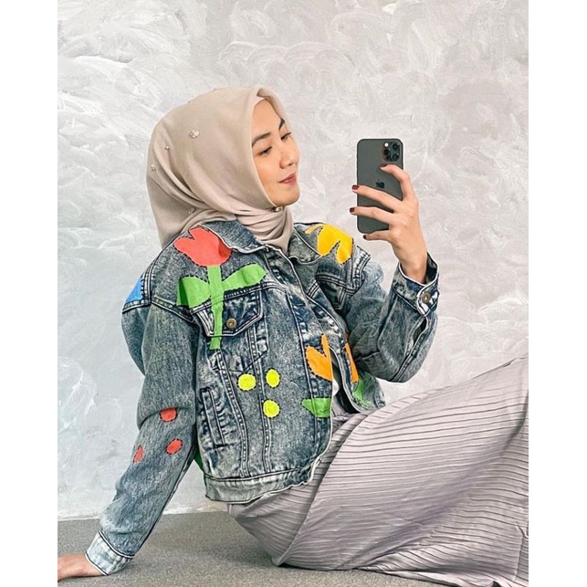 Tulip Hand Painting Jacket Jeans by Sera Studios