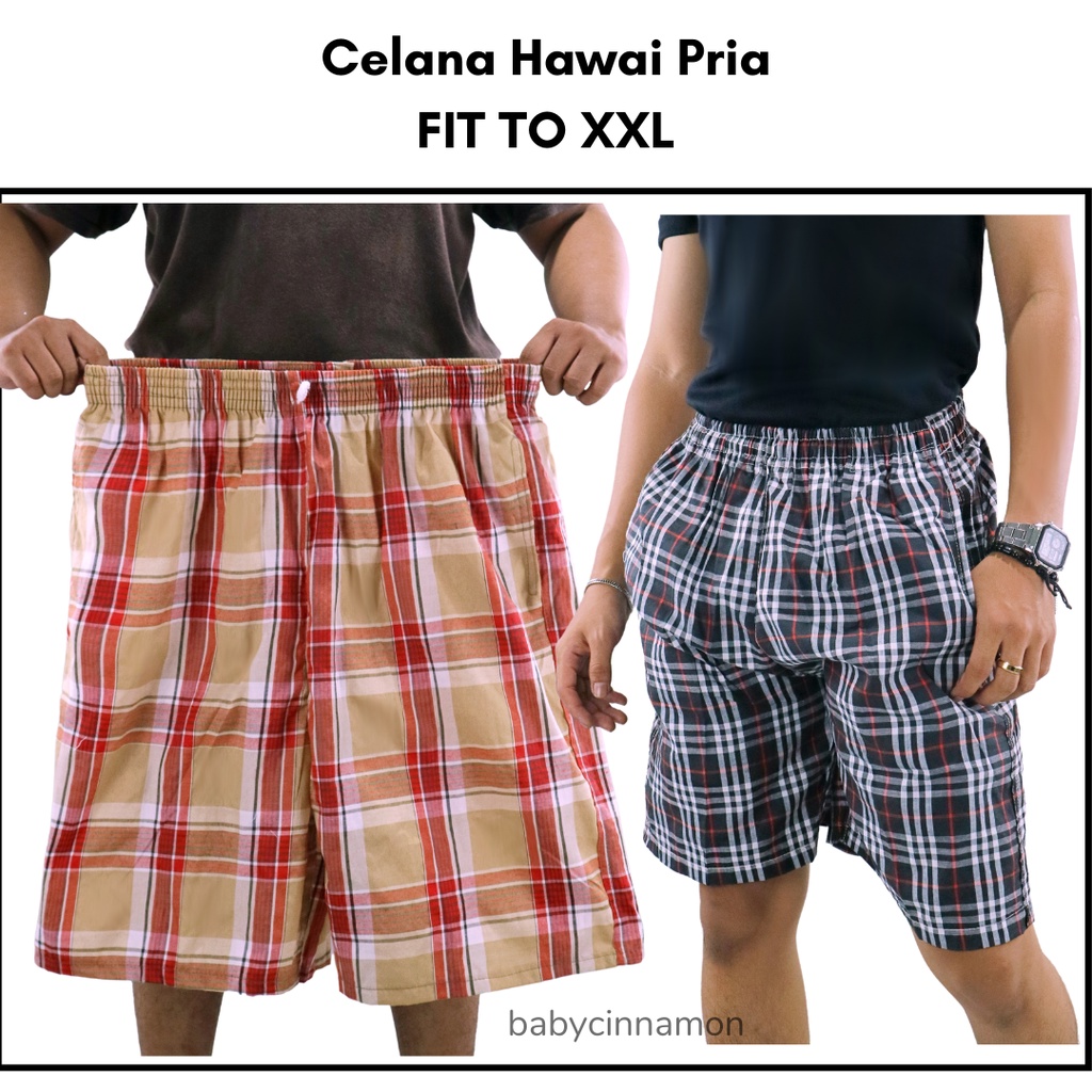 Celana Hawai Pria fit XXL / Motif Kotak Pria Harian Boxer Pendek Jumbo Pants Harian Big Size