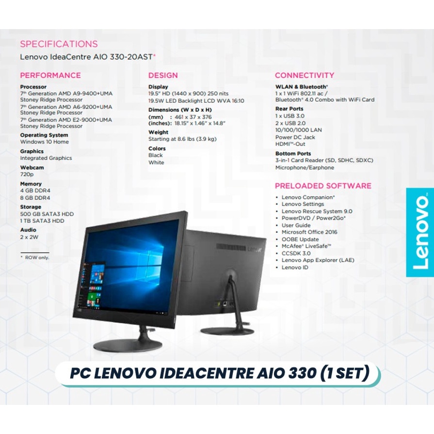 Desktop Lenovo All In One 330-20AST AMD A6 9200/8Gb/1Tb/19,5&quot;/Win10 - PC AIO Lenovo 330