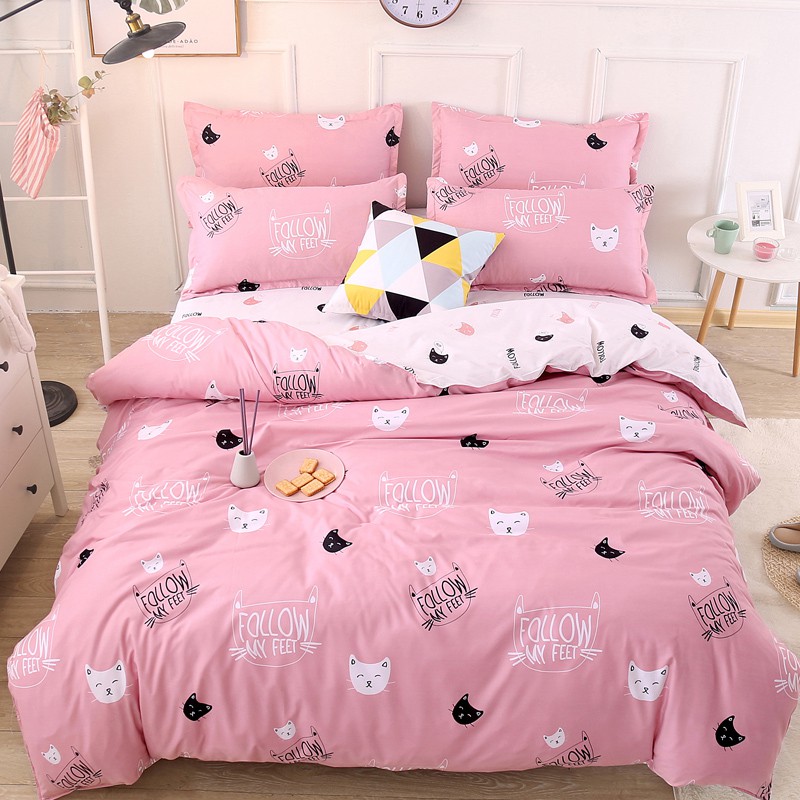 Set Sprei Selimut dengan Gambar  Kucing  Warna  Pink  dan 