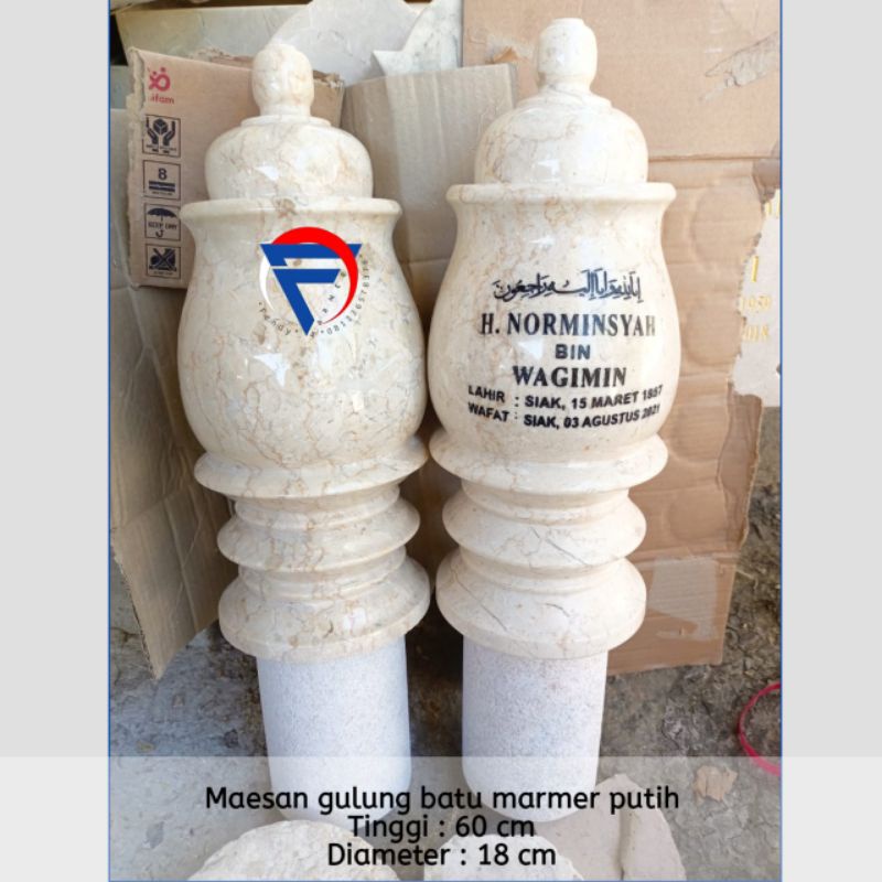 Nisan/maesan/patok makam bulat solid bahan batu marmer putih + ukir grafir nama