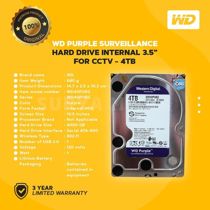 Hardisk / Harddisk / HDD WD Caviar Purple 4TB Internal 3.5&quot; for CCTV Surveillance