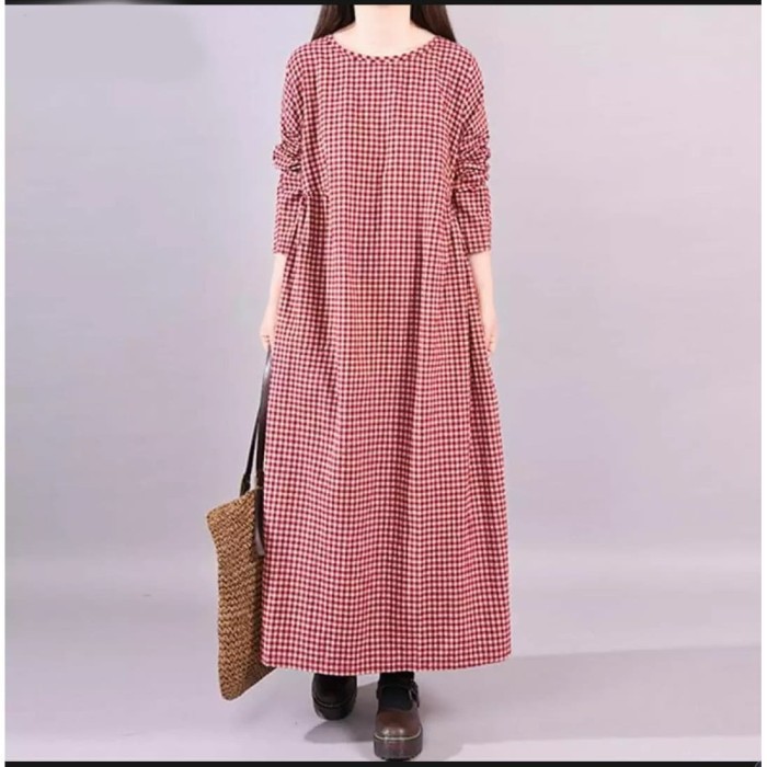 Gaun wanita musim gugur longgar sastra kasual floral dress Korea Maxi Kotak merah [Dress 0140] 61BRA