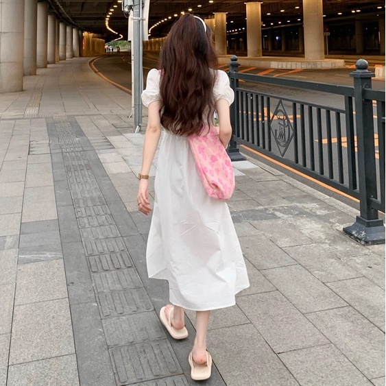 Casual White Puff Sleeve Midi Dress Wanita Lengan Pendek 2111 (S/M/L)