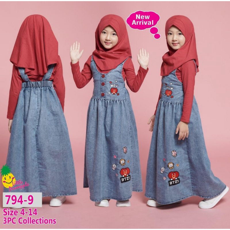 (LP. 794-9) LITTLE PINEAPPLE OVERALL JEANS + INNER + FREE JILBAB No.4-14 ( 4-9 th )