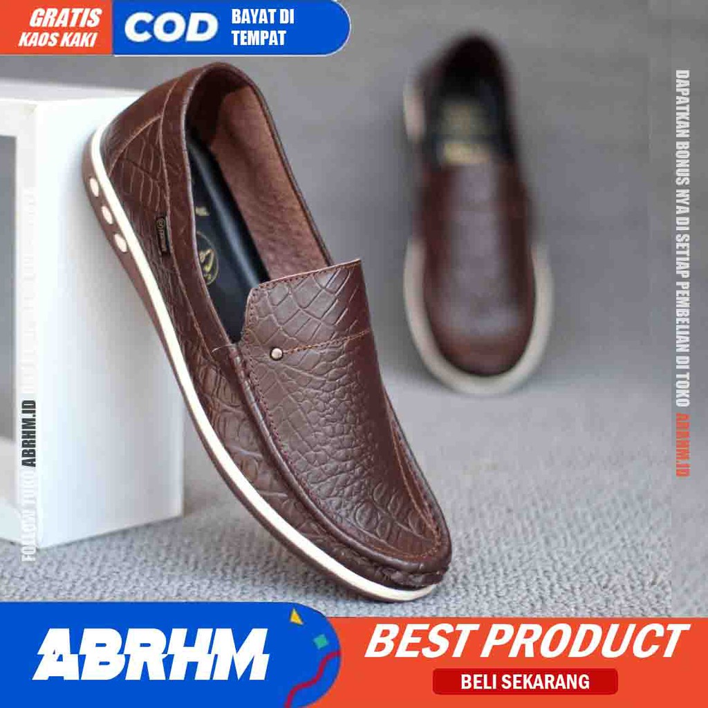 BRITANIC Sepatu Slip On Pria Kulit Asli Sepatu Pria Casual Pantofel Kulit Croco Sepatu Kasual Cowok / Cowo Kerja Kantor Kondangan Anti Slip Gaya Keren Kekinian