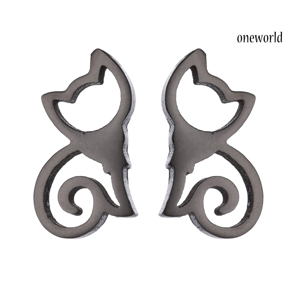 OW@ Minimalist Hollow Cat Stainless Steel Stud Earrings Cute Animal Women Jewelry