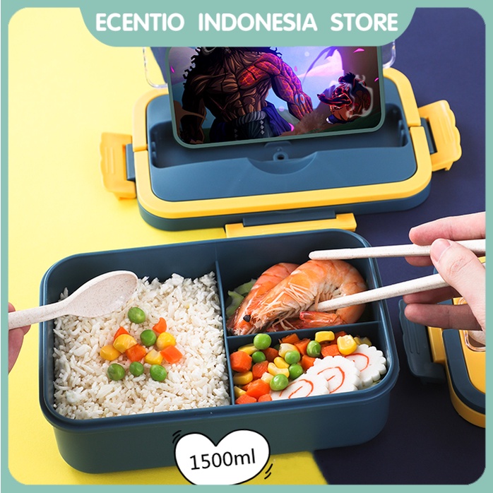 ecentio 3 Grids 1500 ml Lunch Box With Free Sendok dan Sumpit BPA Free Kotak makan portabel