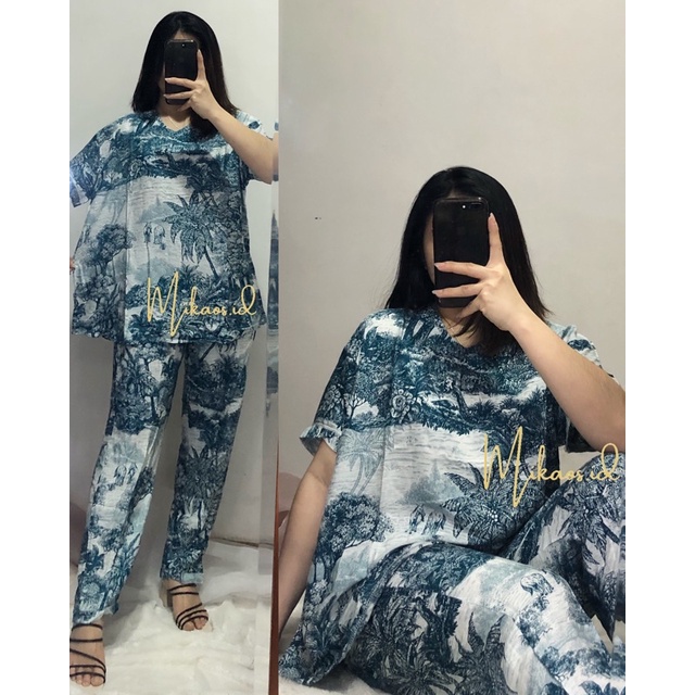 (COD) One set Piyama Abstrak Jumbo fit to Ld120cm | one set piyama rayon jumbo | one set pajamas Jumbo-DIOR 1 GREEN LD120cm