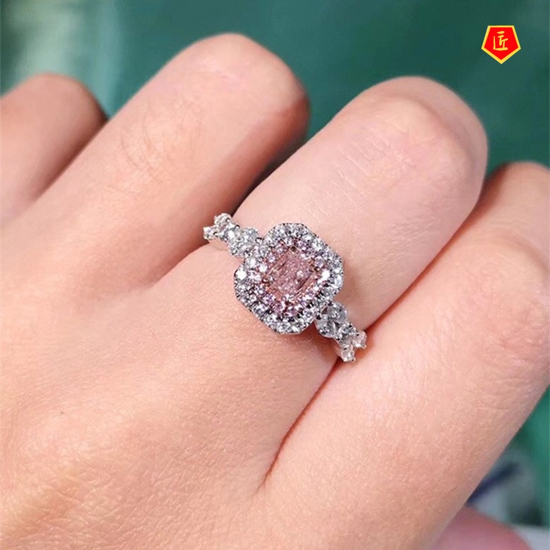 [Ready Stock]18K Platinum Square Pink Diamond Color Separation Ring