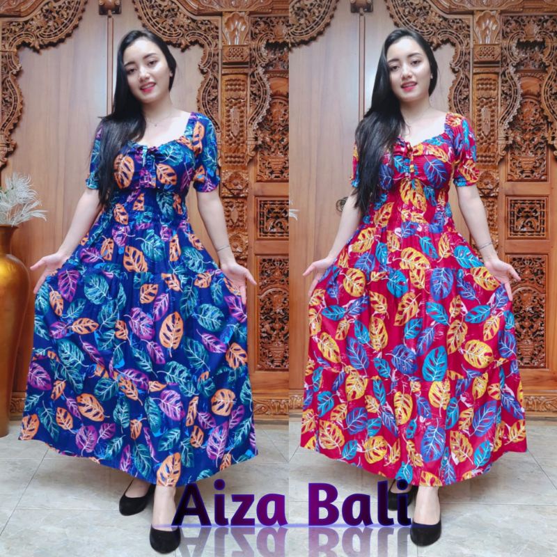 Dress Daster Sandora Panjang Motif Bunga Janda Bolong Flower Lengan Pendek Rayon Super Premium Bali 