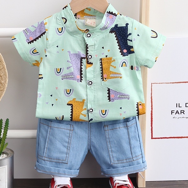 (6bln-4thn) COD Setelan Kemeja Anak Motif Dino Import / Kemeja Anak Lengan Pendek / Baju Anak Import / Kemeja Lengan Pendek Anak Import - KB19