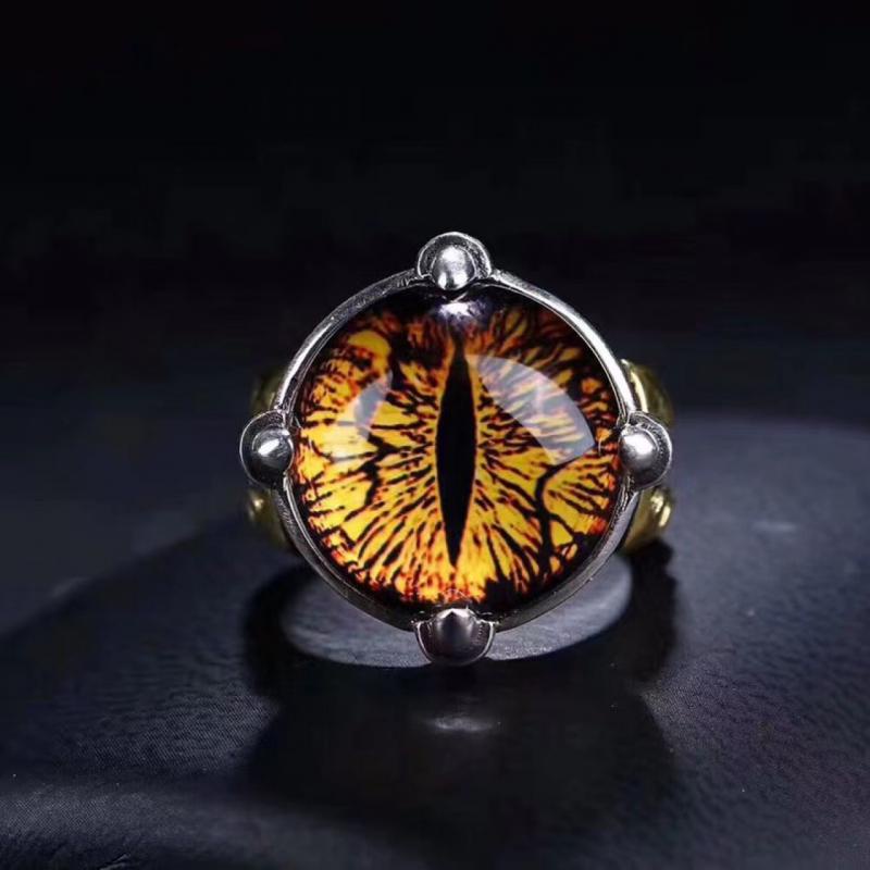 Cincin Model Terbuka Desain Mata Iblis Bahan Resin Warna Kuning Gaya Vintage Punk Gothic Untuk Pria