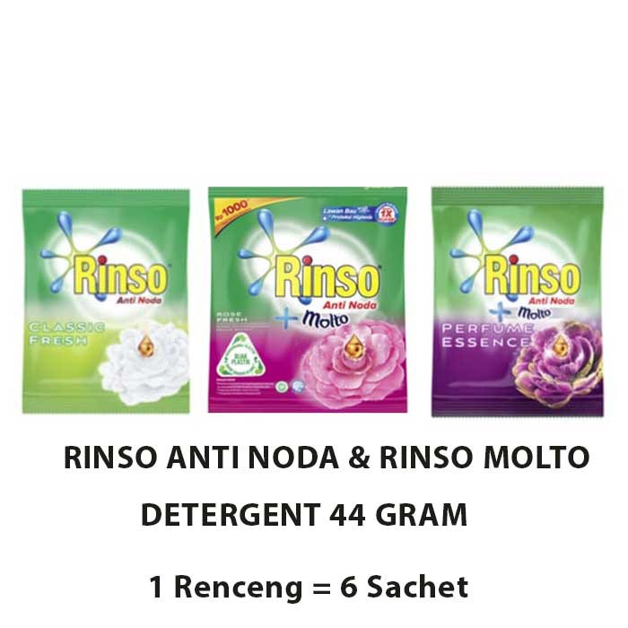RINSO ANTI NODA / RINSO MOLTO ROSE FRESH / RINSO MOLTO PERFUME ESSENCE BUBUK 44 GRAM (RENCENG)