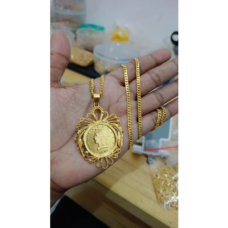 Kalung panjang rantai lipan liontin daun besar lapis emas 24k
