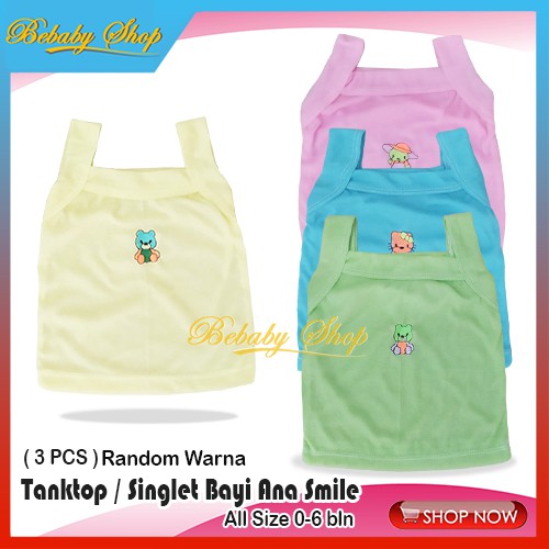 3pcs Tanktop Bayi Ana Smile Singlet Baby Girl Kamisol Kaos Tanpa Lengan Allsize 0-6 Bulan