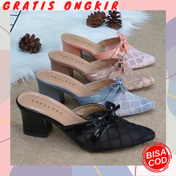 Sendal High Heels Chunky Korean Style Wanita Remaja Kasual Kekinian Tali Belakang Import Tinggi 5Cm 