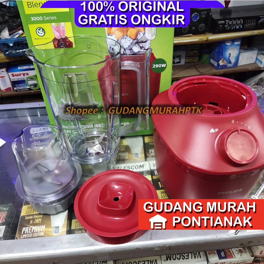 Blender Philips Original Pro Blends ASLI KUAT dan AWET HR2042 3000 Series Blender 290W Plastic / plastik WARNA MERAH