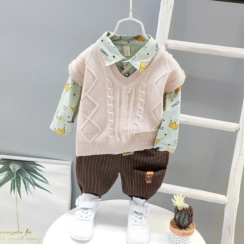 Promo !! Setelan baju anak cowok / setelan 3in1 crown prince vest rajut ukuran  1-3tahun / Setelan formal anak import /Oneset baju anak keren