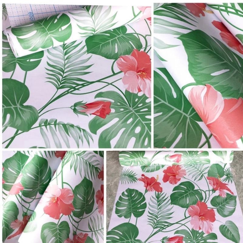 Wallpaper stiker motif daun besar hijau BUNGA PINK