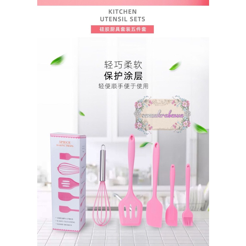 RT81 Alat Masak bahan silikon Silicone Utensil Spatula Cooking Baking Props Set 5pcs Peralatan Masak 5 in 1 Tahan Panas BPA Free SB3465