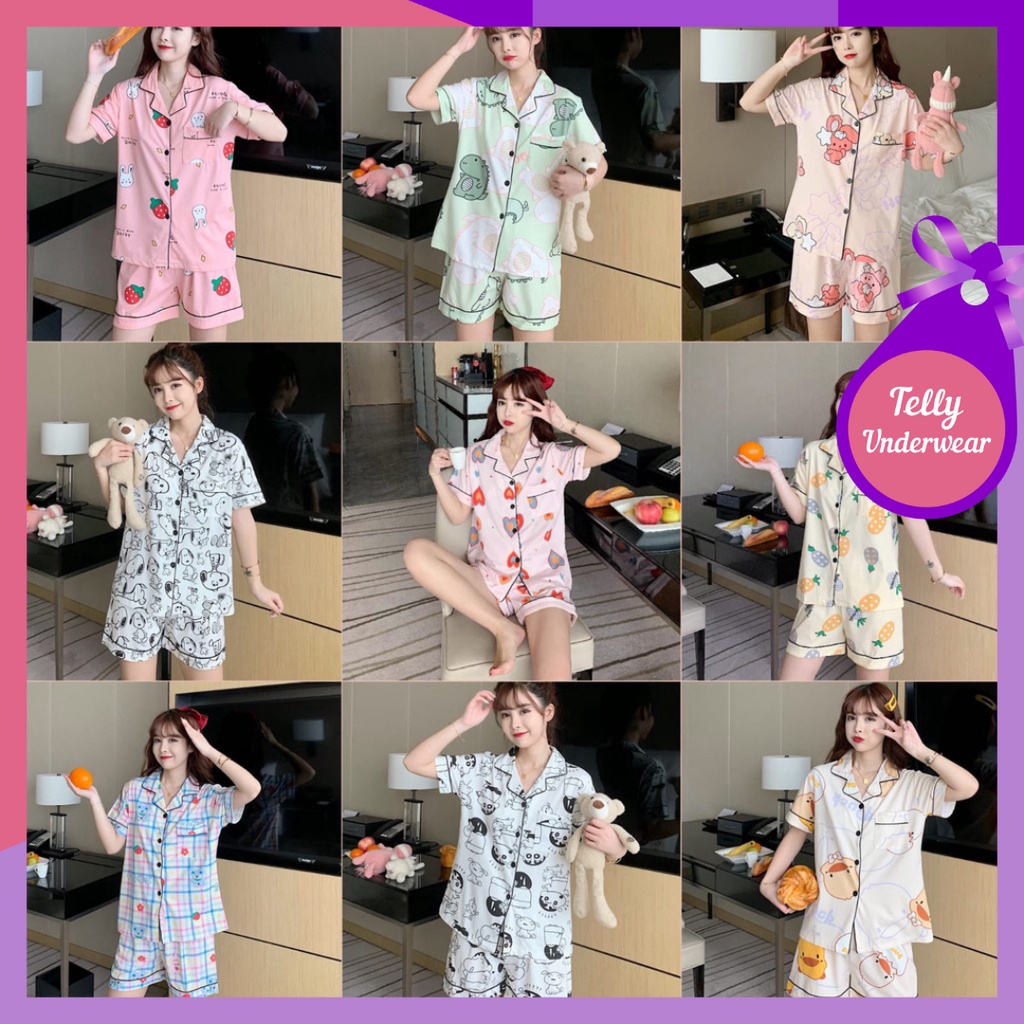 TELLY ➡️ 319 Set Baju Tidur Wanita Dewasa Celana Pendek Piyama Model Kemeja HP Import Korea Motif Kekinian