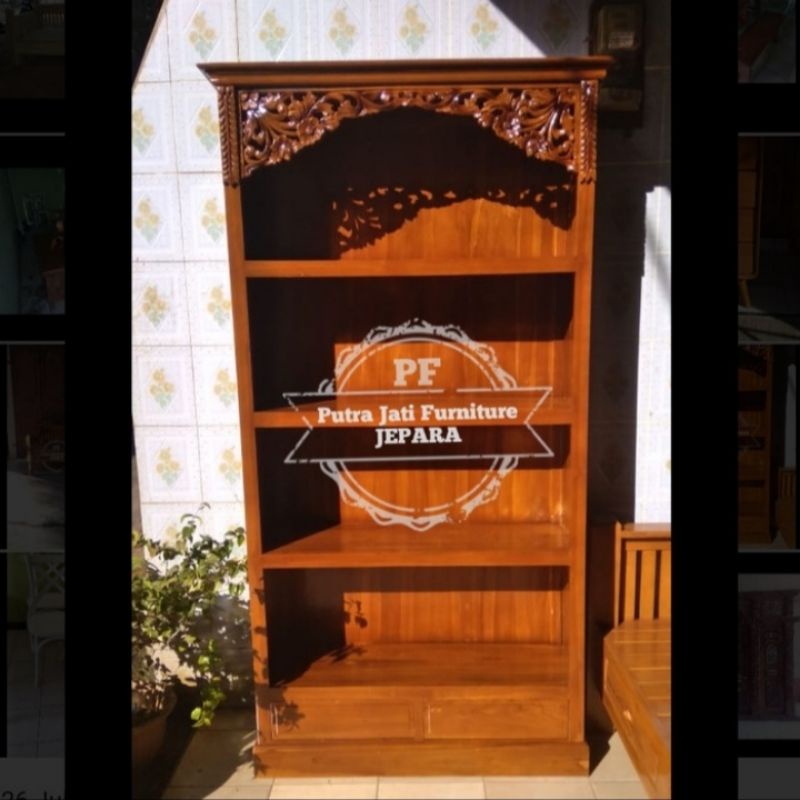 Rak buku ukir Jepara kayu jati - Lemari tempat tas sepatu minimalis