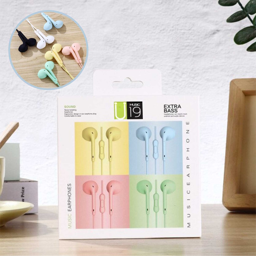 Trend-HEADSET MACARON U19 Hifi Stereo Extra Bass Handsfree Matte Colorfull Earphone Jack 3.5mm