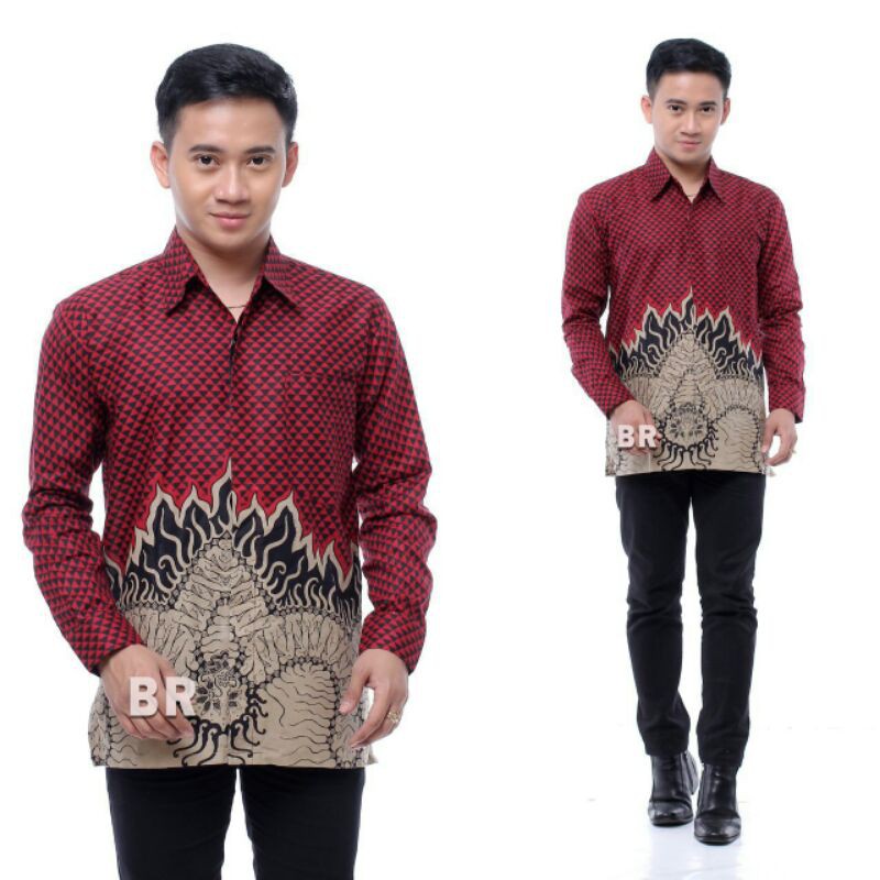 BATIK COUPLE KELUARGA sania ruffle ori ndoro jowi dnt motif Bara merah-Kemeja panjang