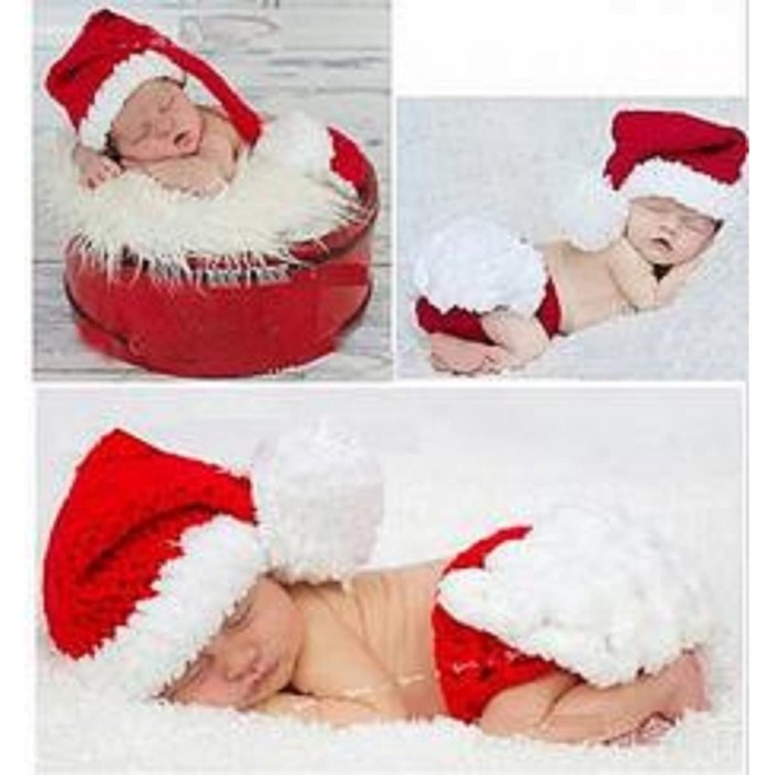 F457 Setelan Baju Anak Unisex Santa Baby Set BC Pakaian Baju Bayi Rajut Wool Merah Umur 2-5 Bulan
