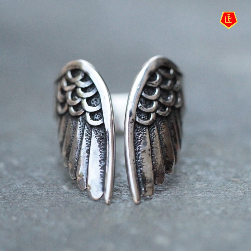 [Ready Stock]Retro Personalized Silver Angel Wings Ring