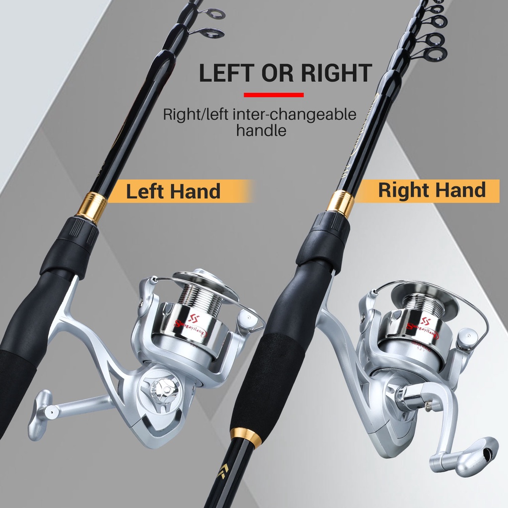 MURAH Fishing Set Portabel Carbon Fiber 1.8M 2.1M 2.4M Telescopic Fishing Rod Dan 5.2: 1 Rasio Gear Fishing Spinning Reel 1000 2000 3000 Kanan/Kiri Berubah Pegangan Untuk Air Tawar Memancing Set