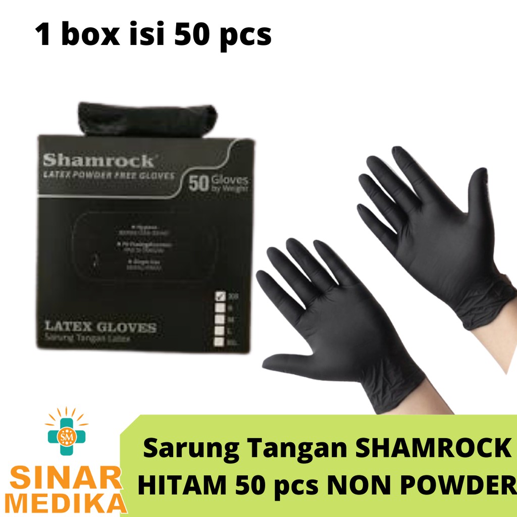 SARUNG TANGAN LATEKS POWDER FREE HITAM SHAMROCK 1 BOX ISI 50 PCS / 25 PASANG . NON BEDAK LATEX GLOVE