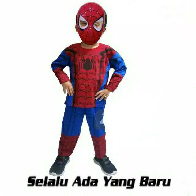 Setelan Baju Kostum Spiderman Anak Laki Laki Umur 1 - 11 Tahun Gratis Topeng