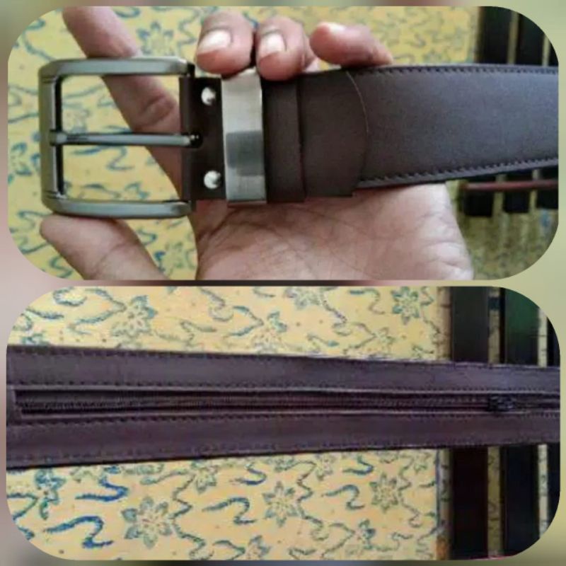 Ikat Pinggang Pria Rel Plus Resleting Gesper Sabuk Kulit Asli