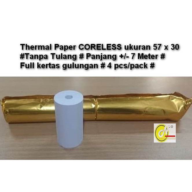 

Kertas Termal roll ukuran 57 x 30 Core less PANJANG