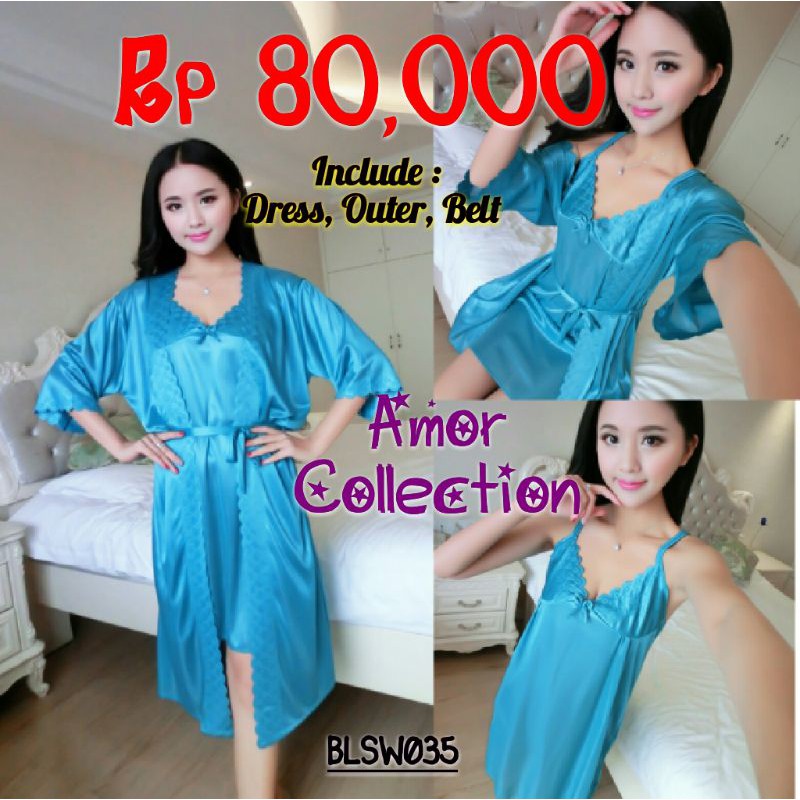 Lingerie seksi set silk satin biru (BLSW035)