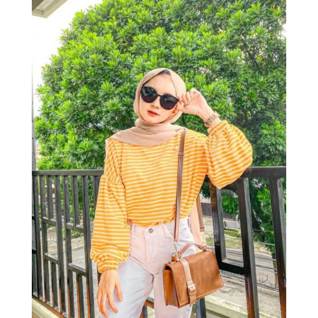 Mybamus Ballon Stripe Blouse / Blouse Lengan Balon Strip Wanita