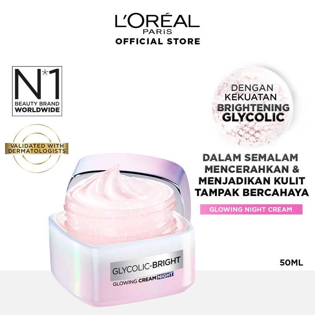 L'Oreal Paris Glycolic Bright Glowing Night Cream - 50ml Skin Brightening Krim Malam Glyco Loreal