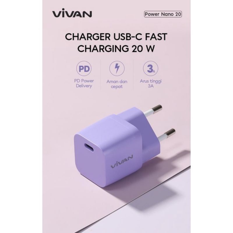 ADAPTOR CHARGER USB C QUICK CHARGER 20W VIVAN POWER NANO 20