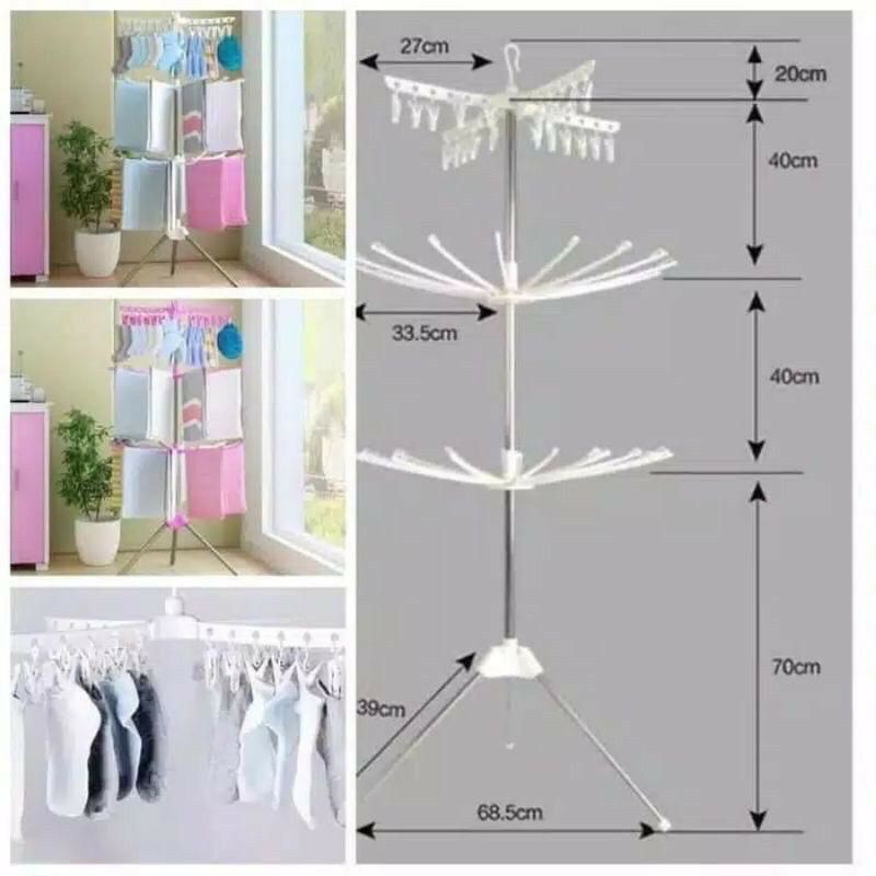 RAK JEMURAN MENARA BAJU BAYI 3 SUSUN TRIPOD DENGAN HANGER ROTASI BISA BERPUTAR